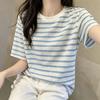 Korean blue striped short-sleeved t-shirt women's summer new loose and thin simple niche casual top A