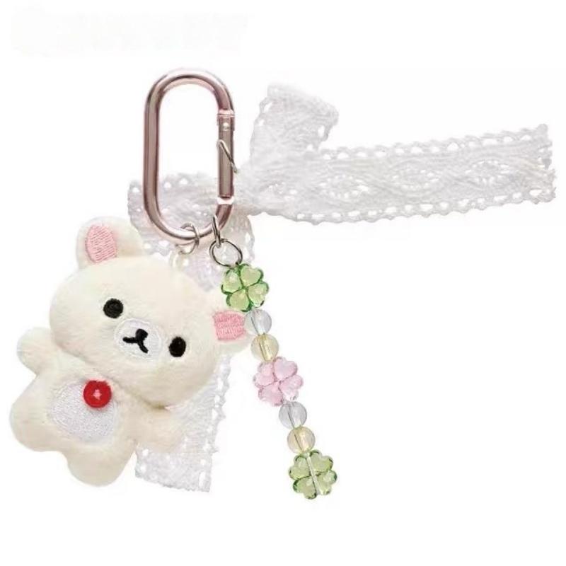 8CM Rilakkuma Bear Lace Bow Carabiner Plush Keychain Four-leaf Clover Series Chairoikoguma Bear Stuffed Doll Backpack Pendant