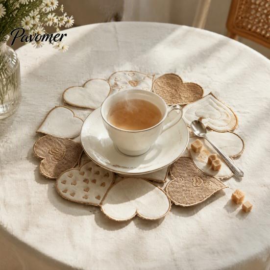 Rustic Style Placemats for Theme Displays Heart Applique Round Placemat Vintage Embroidered Hollow-Out Table Mat Dining Hollow Embroidery Linens