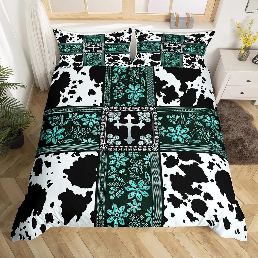 Cow Print Duvet Cover Queen Vintage Floral Bedding Set For Girls Boys Men Western Farmhouse Animal Bull Cattle Skin Quilt Cover