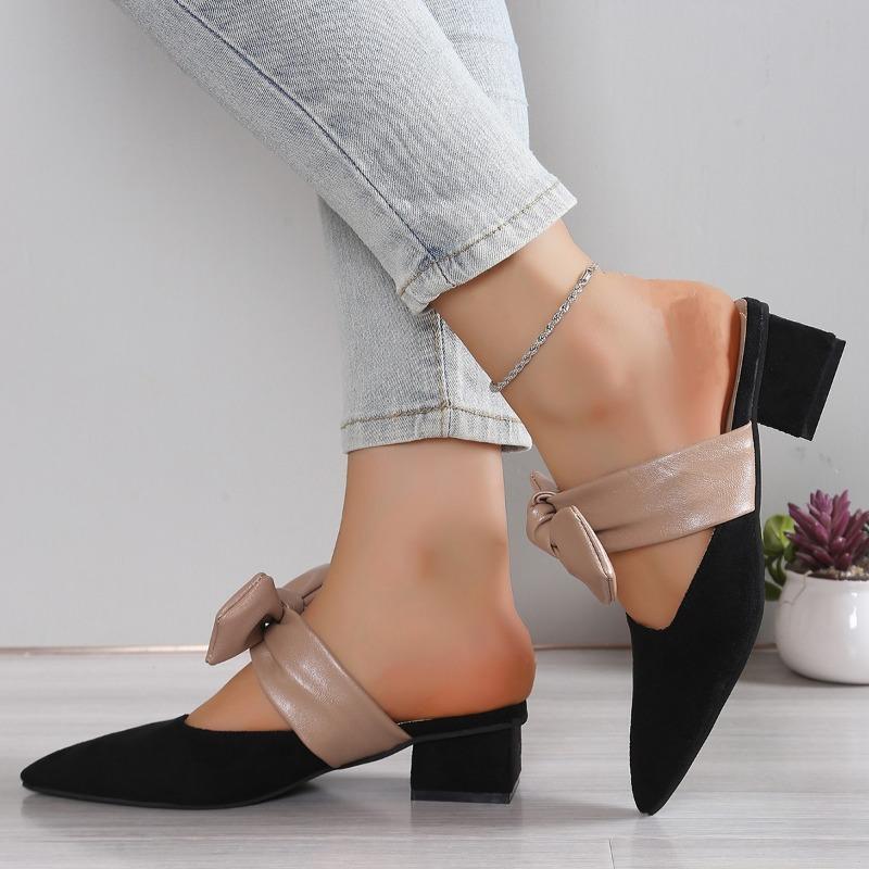 Fashion Medium Heel Slippers Summer New Pointed Head Shallow Mouth Suede Butterfly Knot Anti-slip Wear-resistant Square Heel Shoes