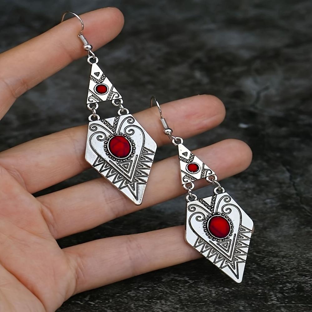 Vintage Bohemian Creative Geometric Rhombus Synthetic Turquoise Handmade Earrings, Alloy Female Wedding Couple Holiday Zircon