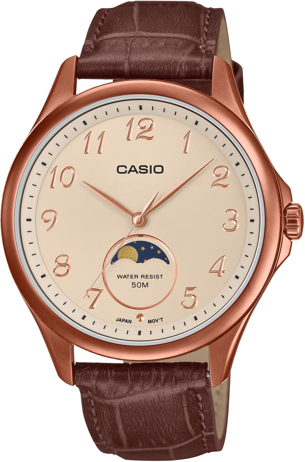 

Casio Standard Аналоговые часы с индикатором фазы Луны, круглый циферблат, темно-коричневый кожаный ремешок, розовое золото, мужские MTP-M110RL-5AV (Зарубежная модель) [Использовал]