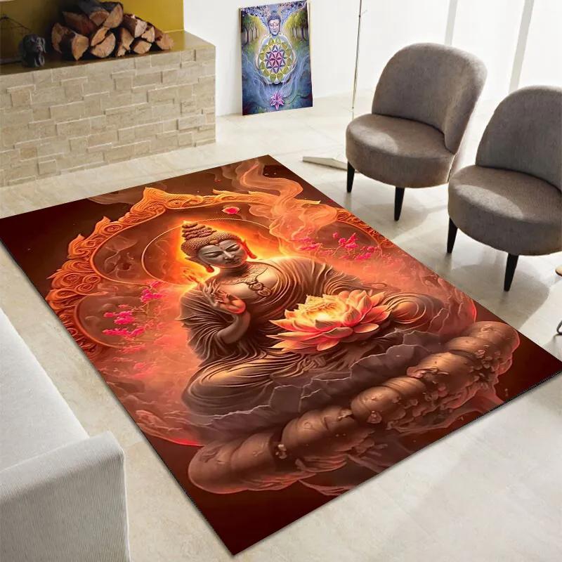 Buddha Teppich, Buddhismus Bereichsteppiche für Schlafzimmer Wohnzimmer Eingangsbereich, Buddha Statue Muster Meditation Bodenmatte Rutschfester Yoga Teppich