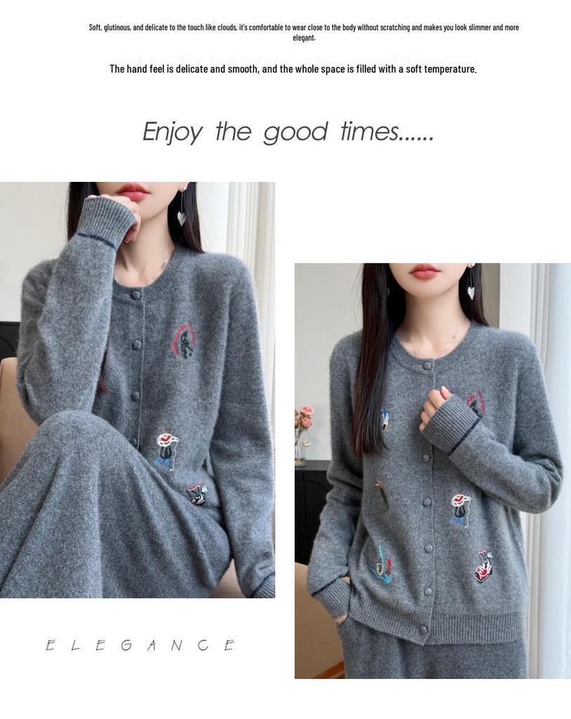 2026 Autumn/Winter Women's Loose Round Neck Cartoon Embroidery 100% Wool Cardigan