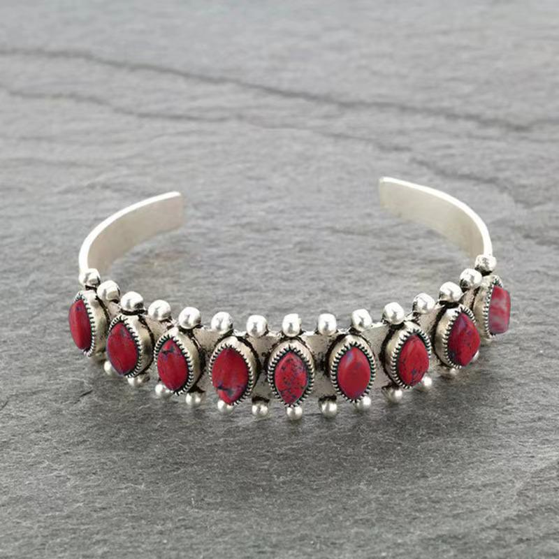 Vintage Turquoise and Orange Oval Adjustable Statement Bangle Bracelet
