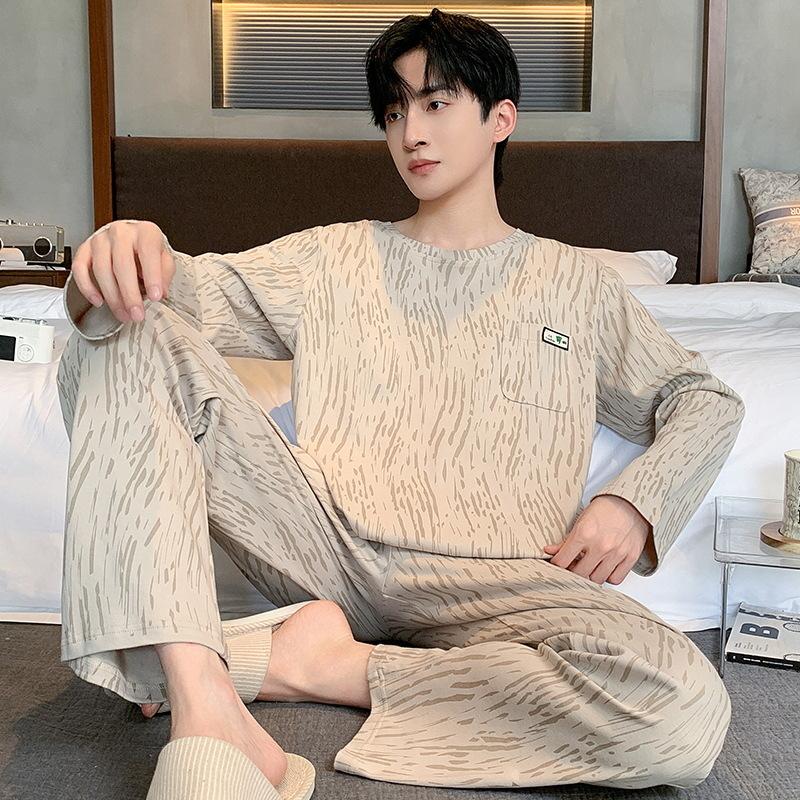 Fashion Cotton Pajamas Set for Men Autumn and Spring Round Nightwear Home Clothing Pyjamas Men Homme