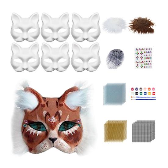 DIY Therian Masque Kit Blank Hand Painted Half Face Cat Fox Masque with Fur Eye Mesh And Felt Sheet for Halloween Carnival Masquerade Party Cosplay