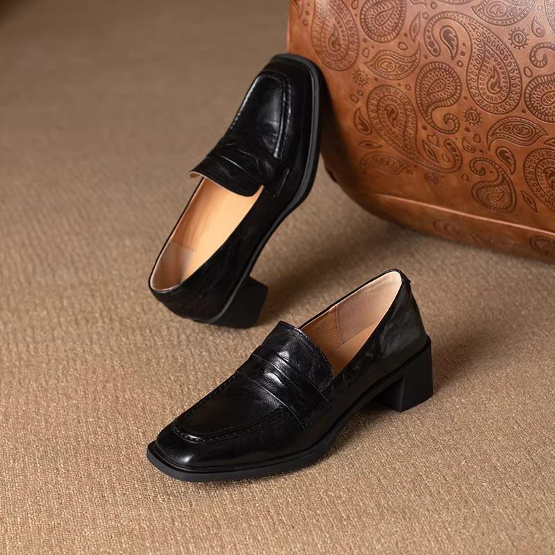 

Lan Cabinet retro commuting 2025 spring square head thick heel loafers women s one-pedal small leather shoes black medium heel single shoes 42 чёрный