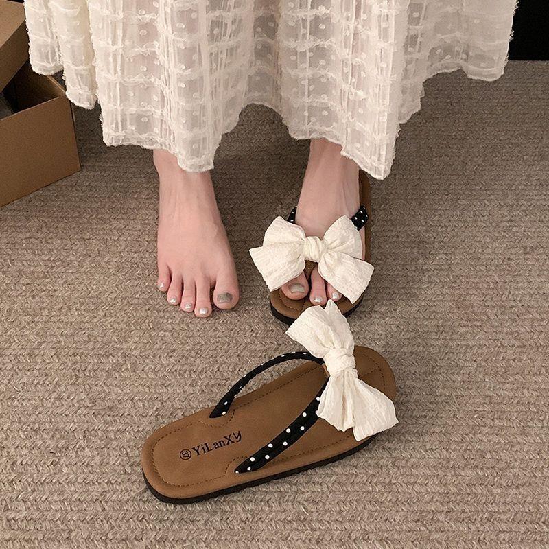 Women's Slippers and Ladies Sandals with Bow on Beach Shoes Flat Flip Flops Slides Summer 2025 Sale Luxury Elegant Fashionable