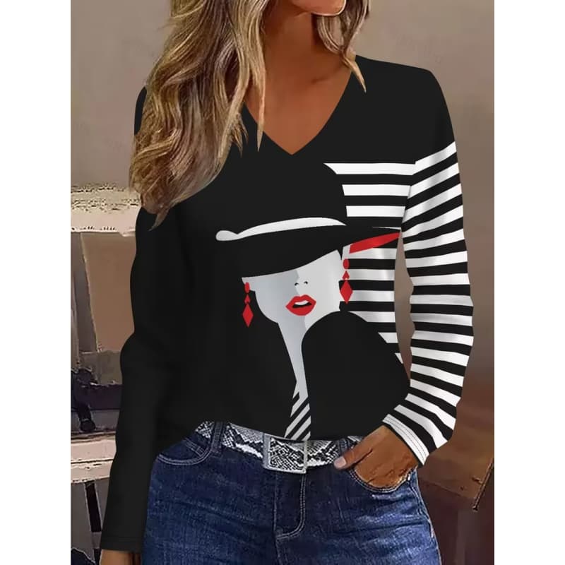 T-shirt da donna a maniche lunghe con stampa creativa, traspirante, morbida e confortevole, adatta per l'abbigliamento casual tutto l'anno