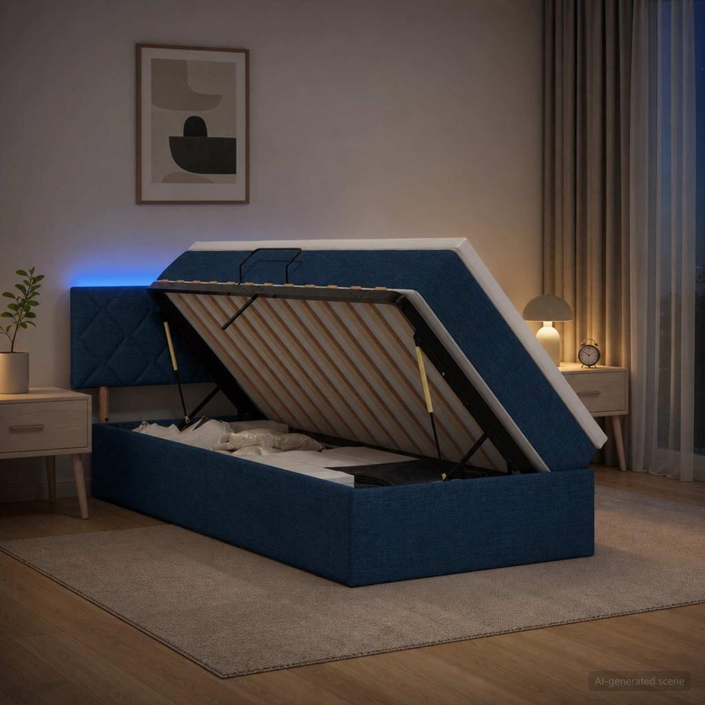 LED Storage Bed with Mattress Blue 100 X 200 Cm Fabric