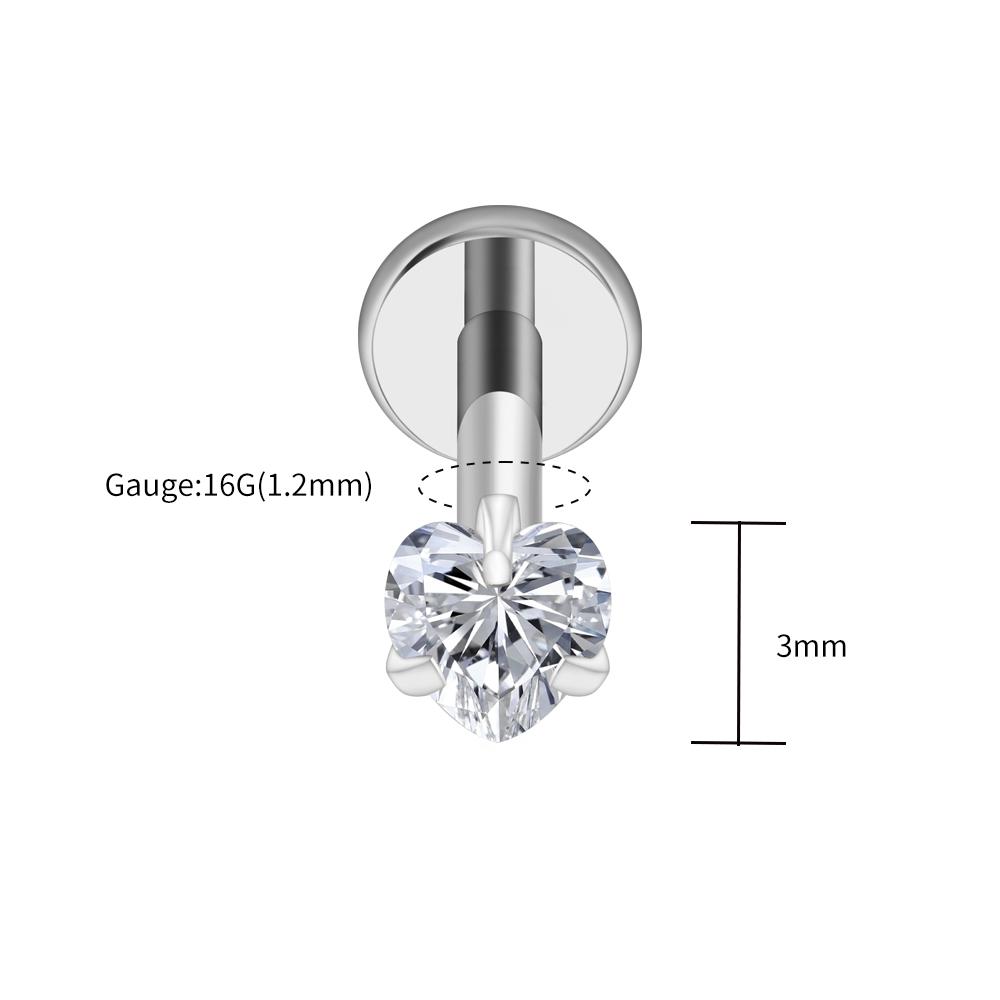 Titanio Genuino ASTM F136 Calibre 16G Corazón CZ Labret Roscado 3mm/4mm/5mm CZ Cartílago Tragus Hélice Stud para Nariz Joyería para Piercing