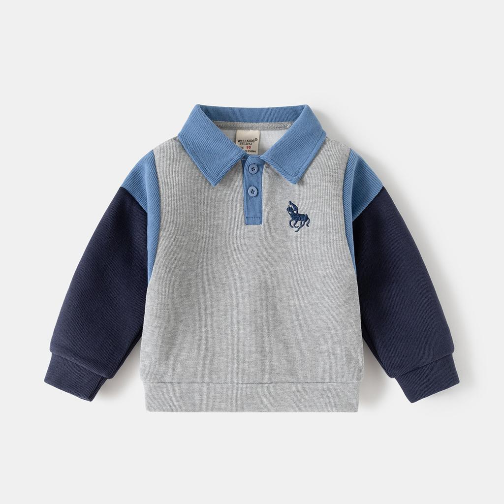 Boys Sweatshirt Jacket Spring Autumn Color Block Patchwork Long Sleeve Embroidered Collar Top for Kids