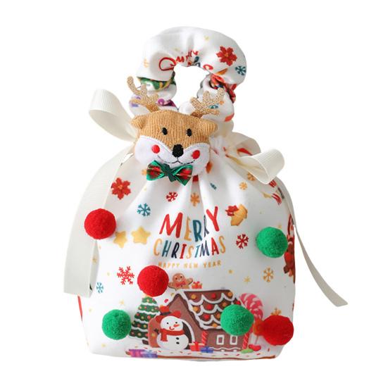 Christmas Gift Bag with Drawstring Reusable Candy Bag for Treats Cookie Goodies Xmas Eve Fruit Storage Bag with Santa Snowman Deer Doll