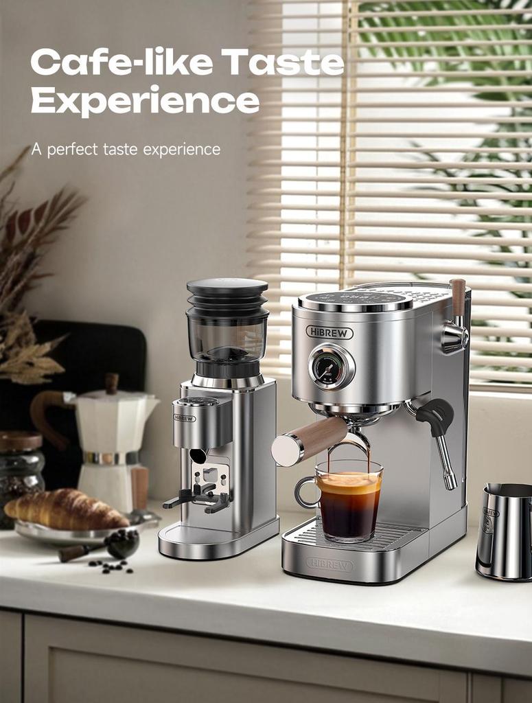 HiBREW H13 Semi-automatic Coffee Machine, Dual Boiler System with 20-Bar Pump Pressure, Multi-function Brewing Modes, Adjustable Drip Tray