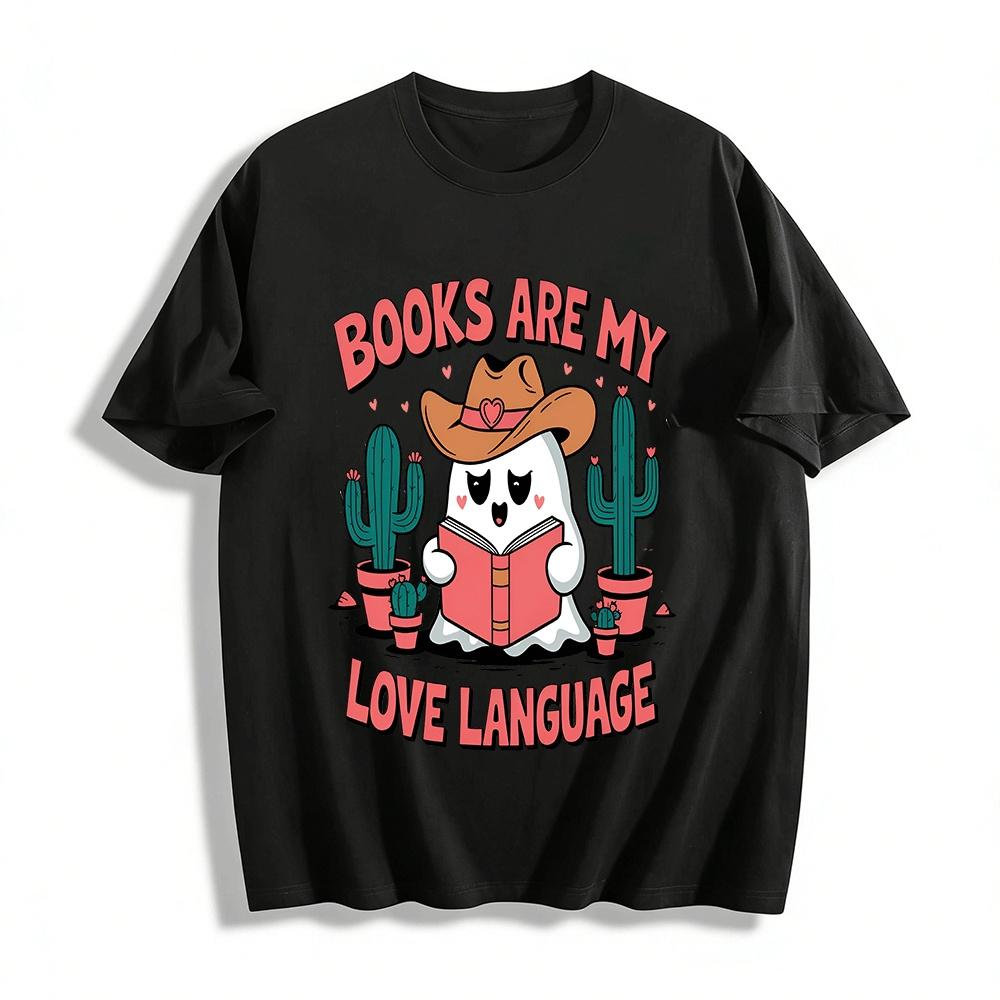 

Books Are My Love Language Cowboy Ghost Reading Book Tee Pure cotton T-shirt XXS