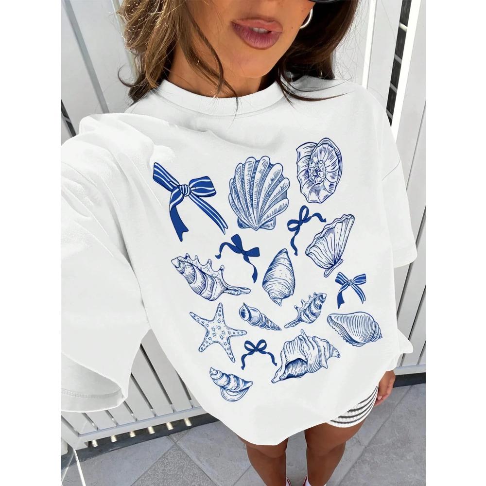 Women's Plus Size T-shirt with Blue Sea Shells Print and Bows for Summer Fashion