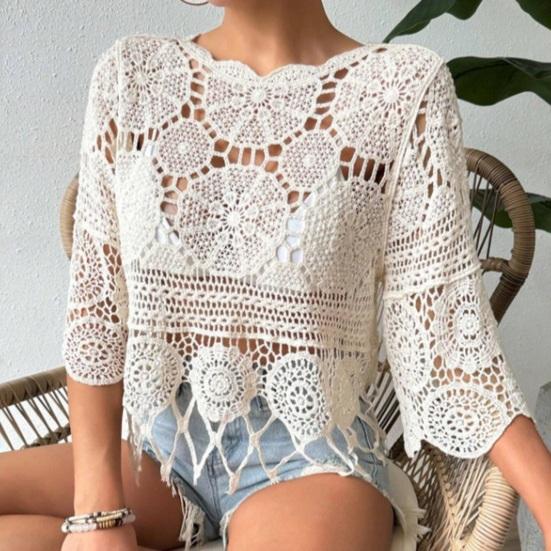 Tops para cubrir el cuerpo de corte holgado con cuello redondo y manga de tres cuartos de ganchillo calado para la playa, camisa estilo bohemio con dobladillo de borlas