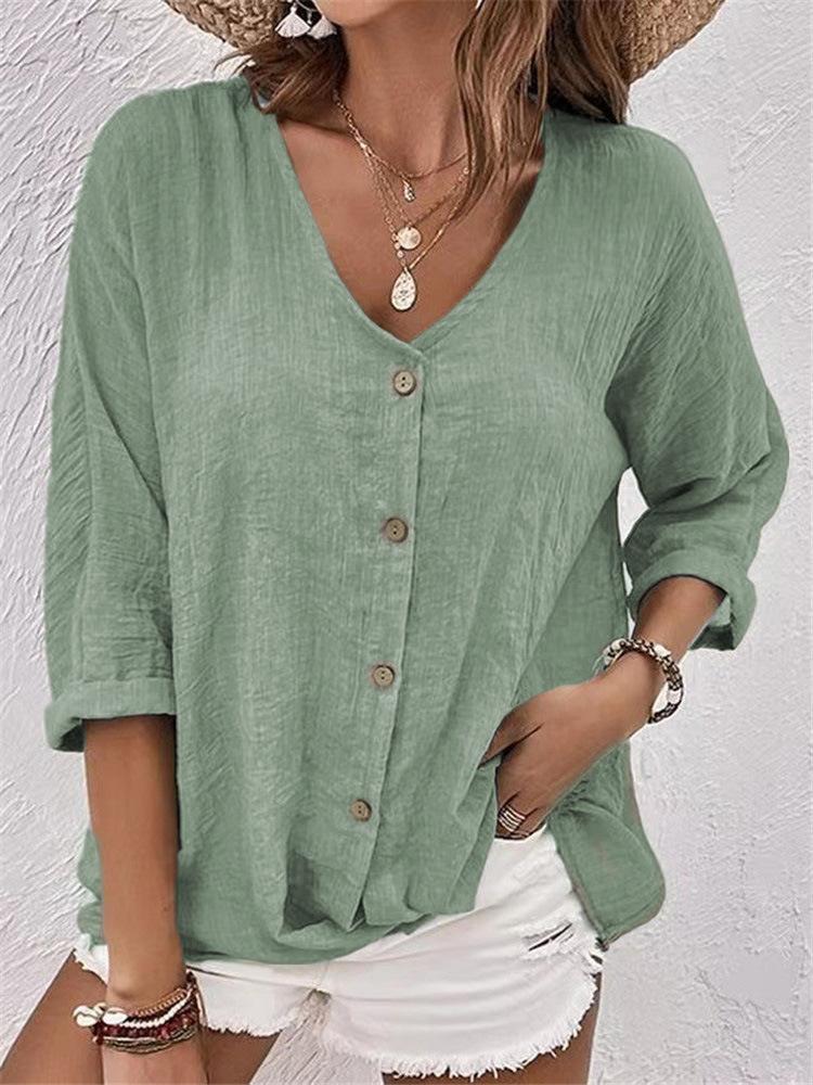 Women's V-Neck Seven Sleeve Loose Fit Shirt Multiple Colors