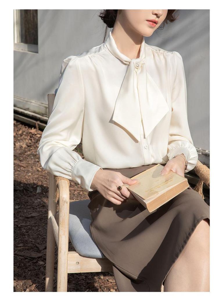 Women's Satin Long Sleeve Shirt with Ribbon Bow and Stand Collar - Spring 2026 Commuting Style.