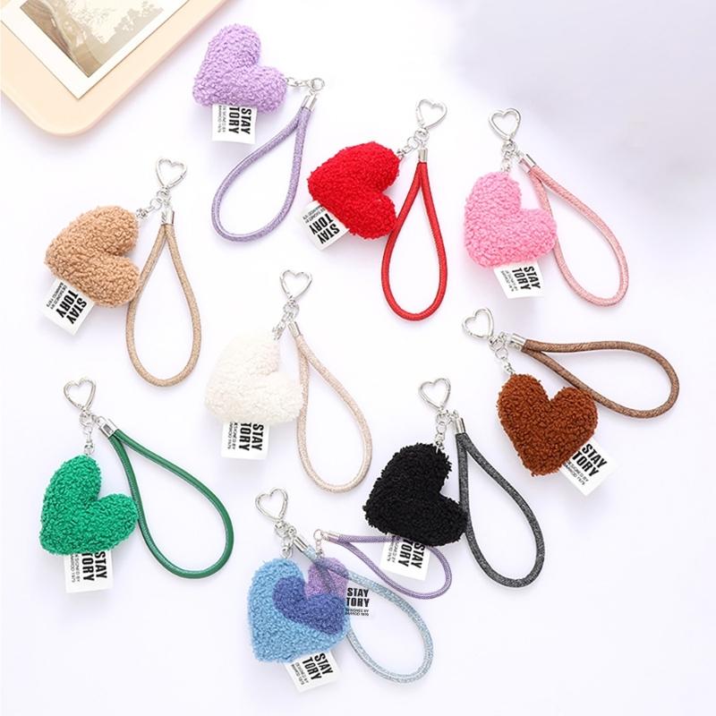 Cute Heart Shape Plush Wristlet Keychain Bag Pendant for Women Valentines Day Gift Coin Purse Backpack Bag Charm Gift