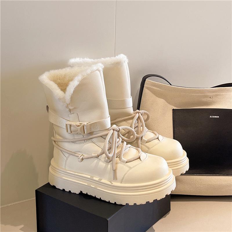 Women's Large Size Winter Warm Snow Boots Padded Lining Ankle Boots Leather Fur Integration Non-slip Hiking Sports Martin Boots