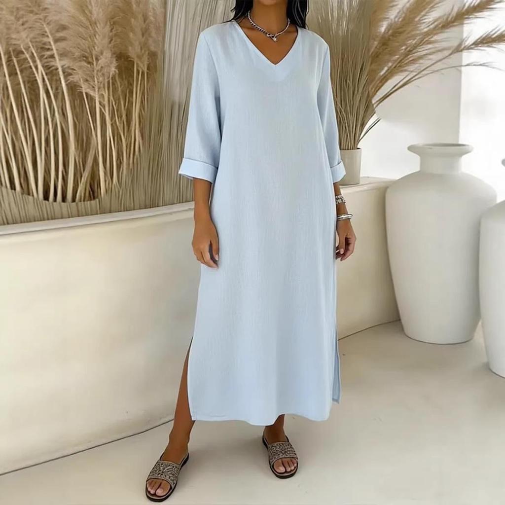 Damska sukienka bawełniano-lniana z dekoltem V, rękawem 3/4, fasonem A, na sezon Wiosna/Lato 2026 - Casualowa i luźna