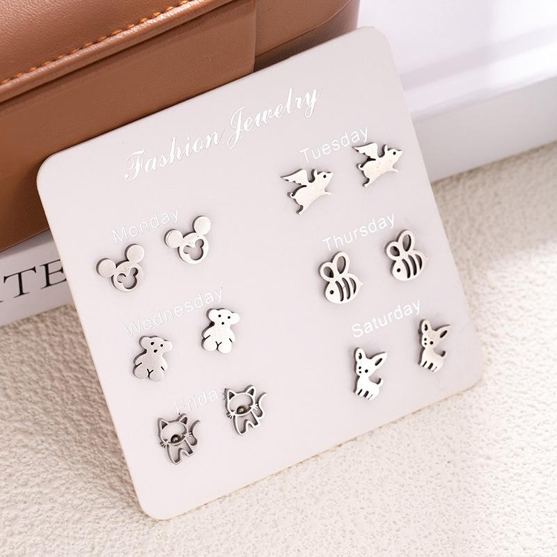 Stainless Steel Animal Love Earrings Do Not Repeat A Week Stud Earrings Set Simple Fashion Women'S Earrings Combination