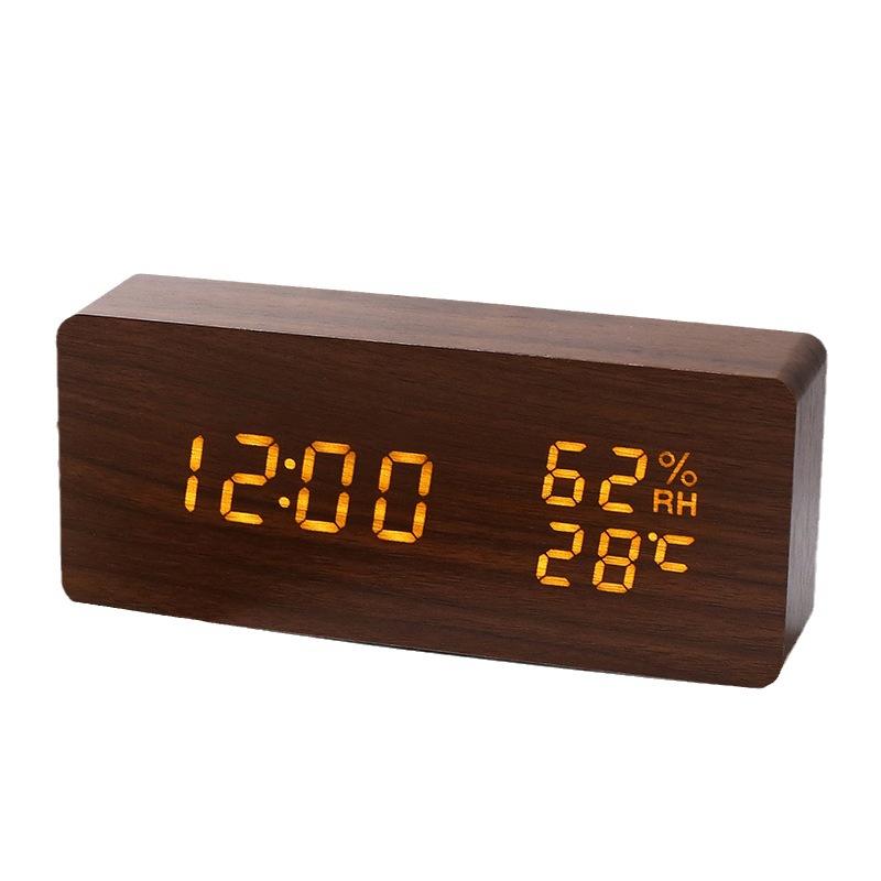 Creative Digital Wood Clock Electronic Clock Smart Bedside Alarm Clock Mute Temperature and Humidity Meter Desktop Student Electronic Clock