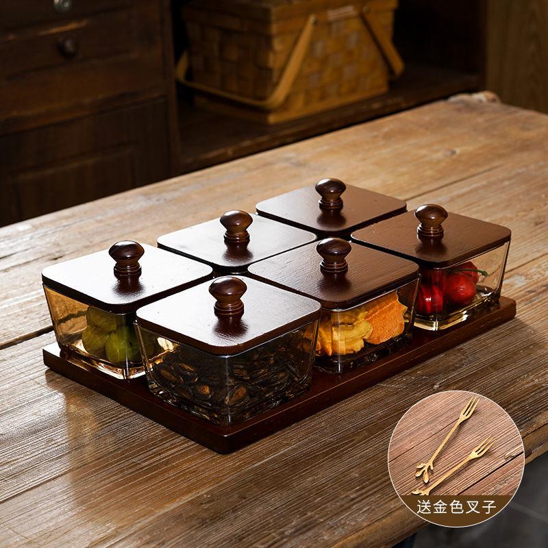 Japanese Style Vintage Divided Fruit Bowl with Lid Home Living Room Nuts Candy Biscuit Storage Bowl Square Fruit Tray Home Decor