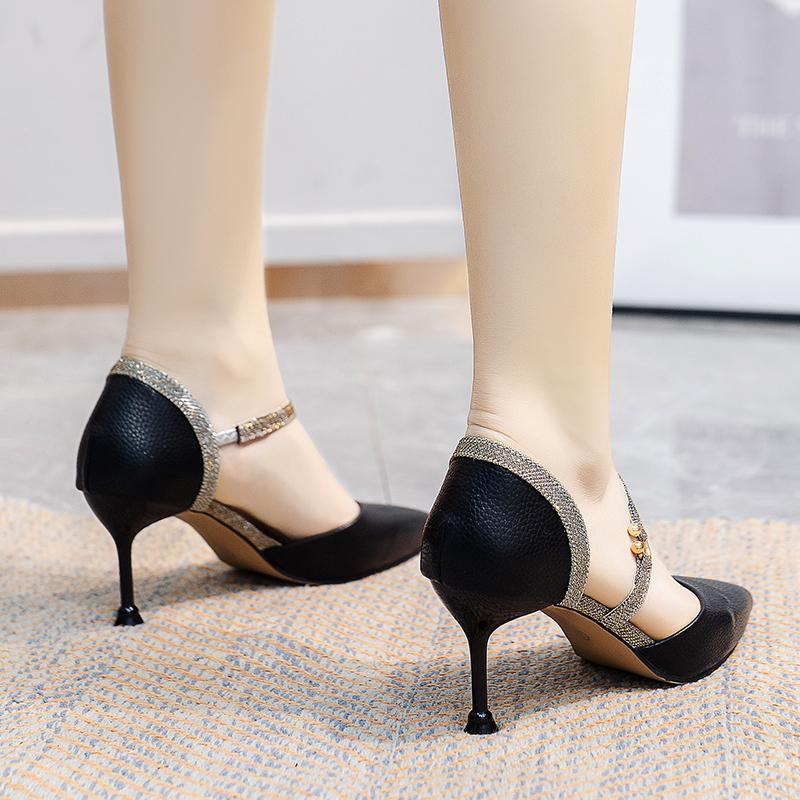 Mix Color Ankle Strap High Heels Shoes Women Pu Leather Thin Heeled Pumps Woman  New Shining Patchwork Party Shoes