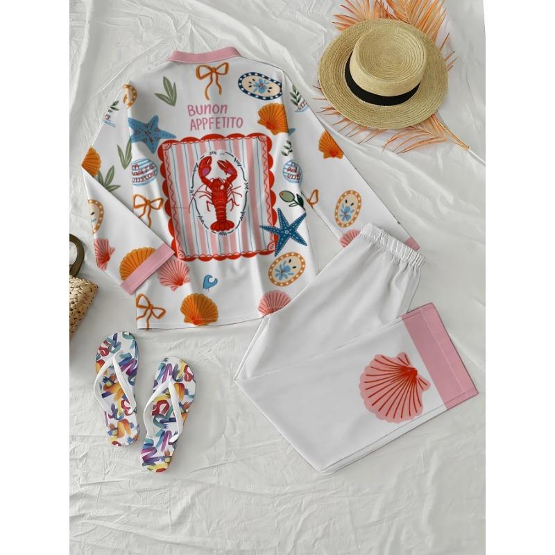 Women's Seafood Ocean Style Two-piece Set with Off-white Bottom Printed with Lobster,resort Style Long-sleeved Trousers Two-piece Set