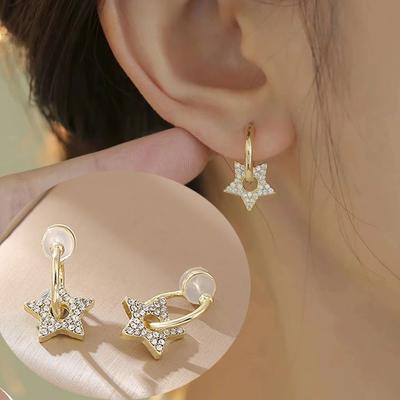 Luxusní módní náušnice bez piercingu, klip na ucho s pentagramem a kamínky pro ženy