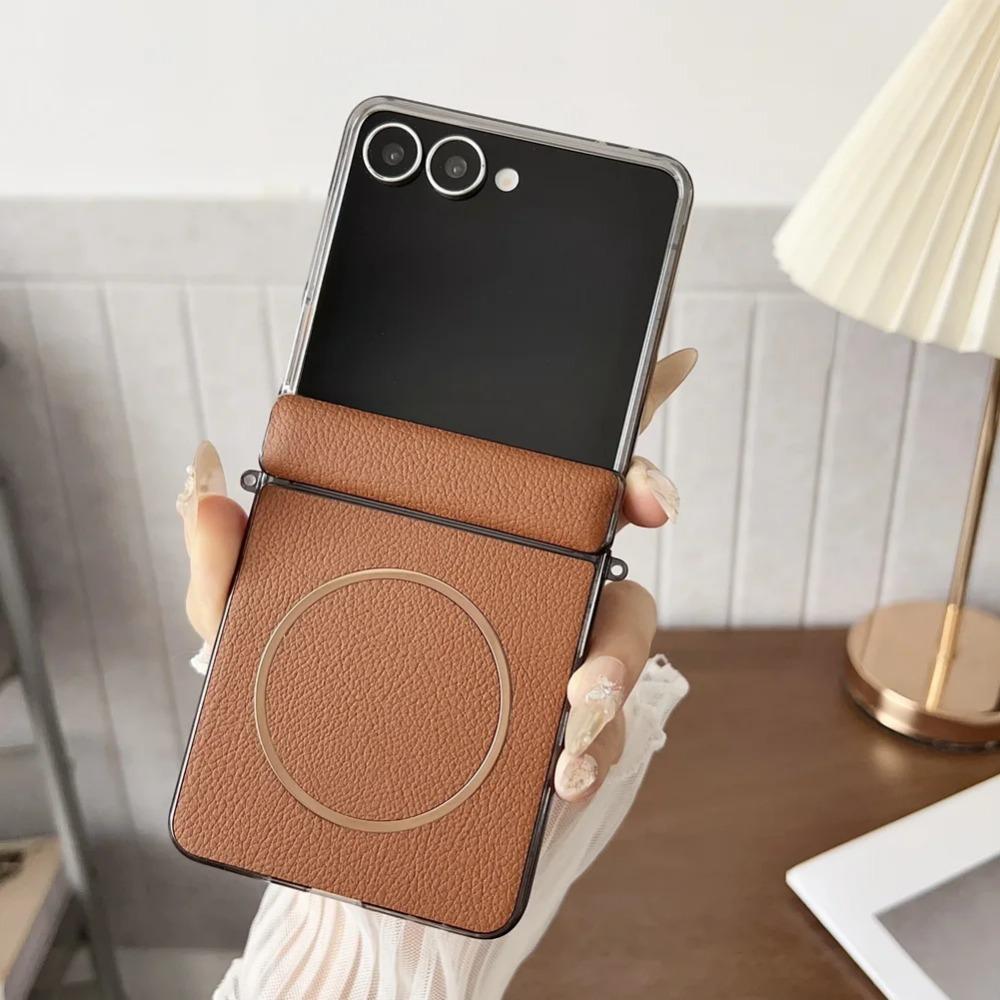 

High-end Busine Sle Leather with Hinge Built-in Thin Magnetic Ring Phone Case for Samsung Galaxy Z Flip 7 6 Slim Protection Cover Galaxy Z Flip6 чорний