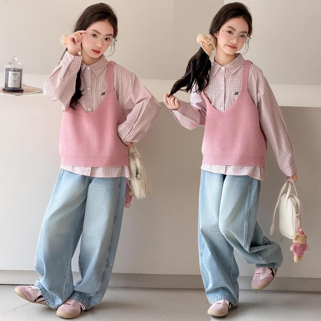 Adorable Girls' Spring Vest & Shirt 3-Piece Set - Korean Style for Older Children