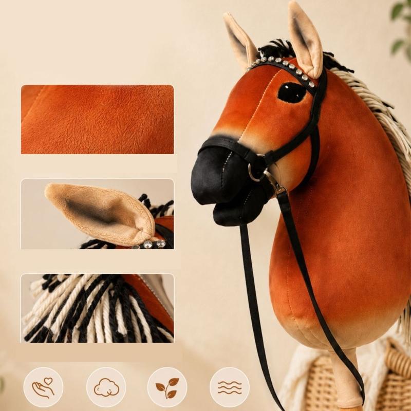 Horse Head Stick Toy Plush Brown Costume Prop with Handheld Wooden Handle for Role Play, Stage Use, Party Play and Themed Photo Props