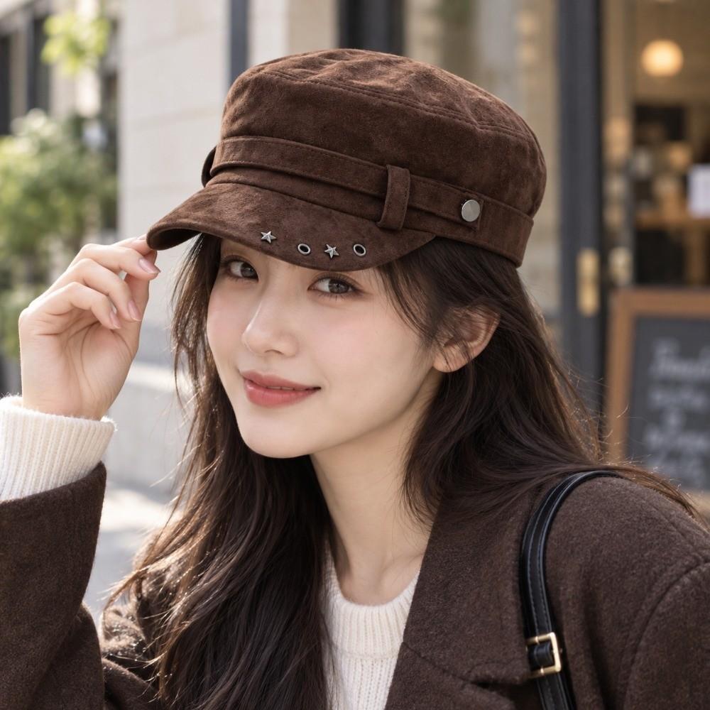 Vintage Newsboy Peaked Cap Solid Color Metal Rivet Hat Gift Flat Top Hat  Daily