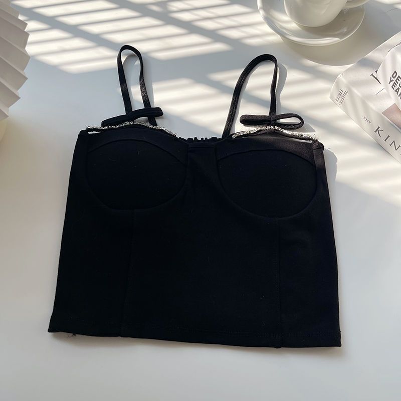 One-piece Cup Anti-slip Camisole Vest For Women Sweet And Hot Sexy Ruched Diamond Decorated Base Layer Inner Wear Bandeau Underwear