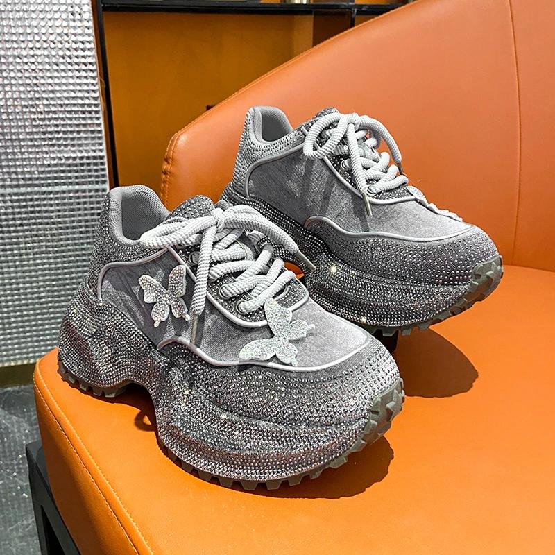 Luxury Rhinestone Butterfly Platform Sneakers Women Winter Sequin Fabric Thick Bottom Sports Shoes Designer Female Sneakers