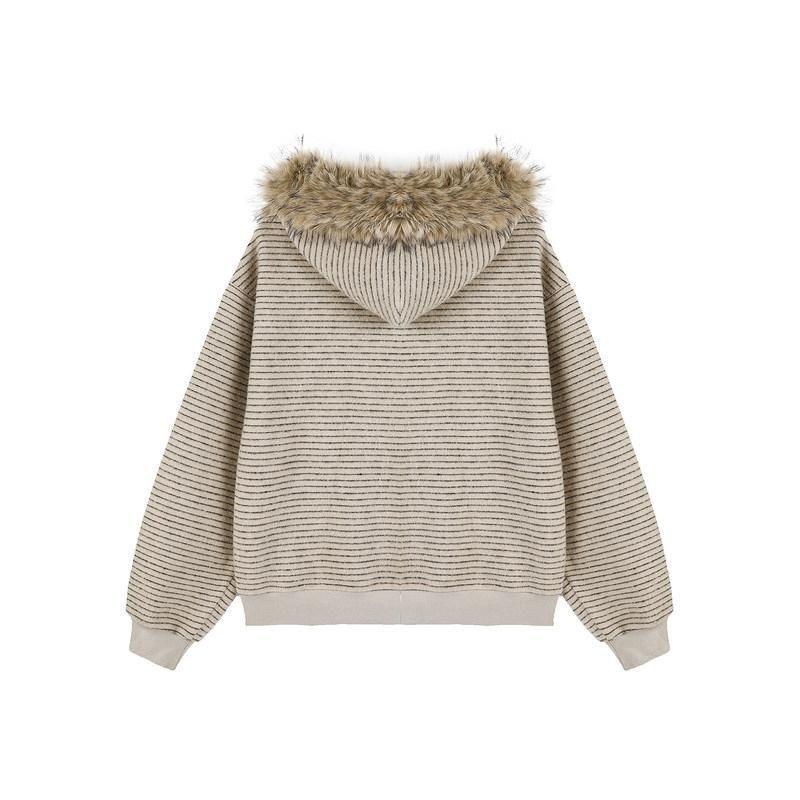 Punk Coat Y2k Vintage Faux Fur Collar Hoodie Zip-Up Woman Sweatshirts Goth Stripe Girl Coat Winter Jackets Hip Hop