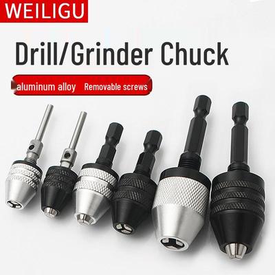Quick-Change Mini Electric Drill with Three-Jaw Chuck, Hex Extension Rod, and Twist Drill Bit Adapter.