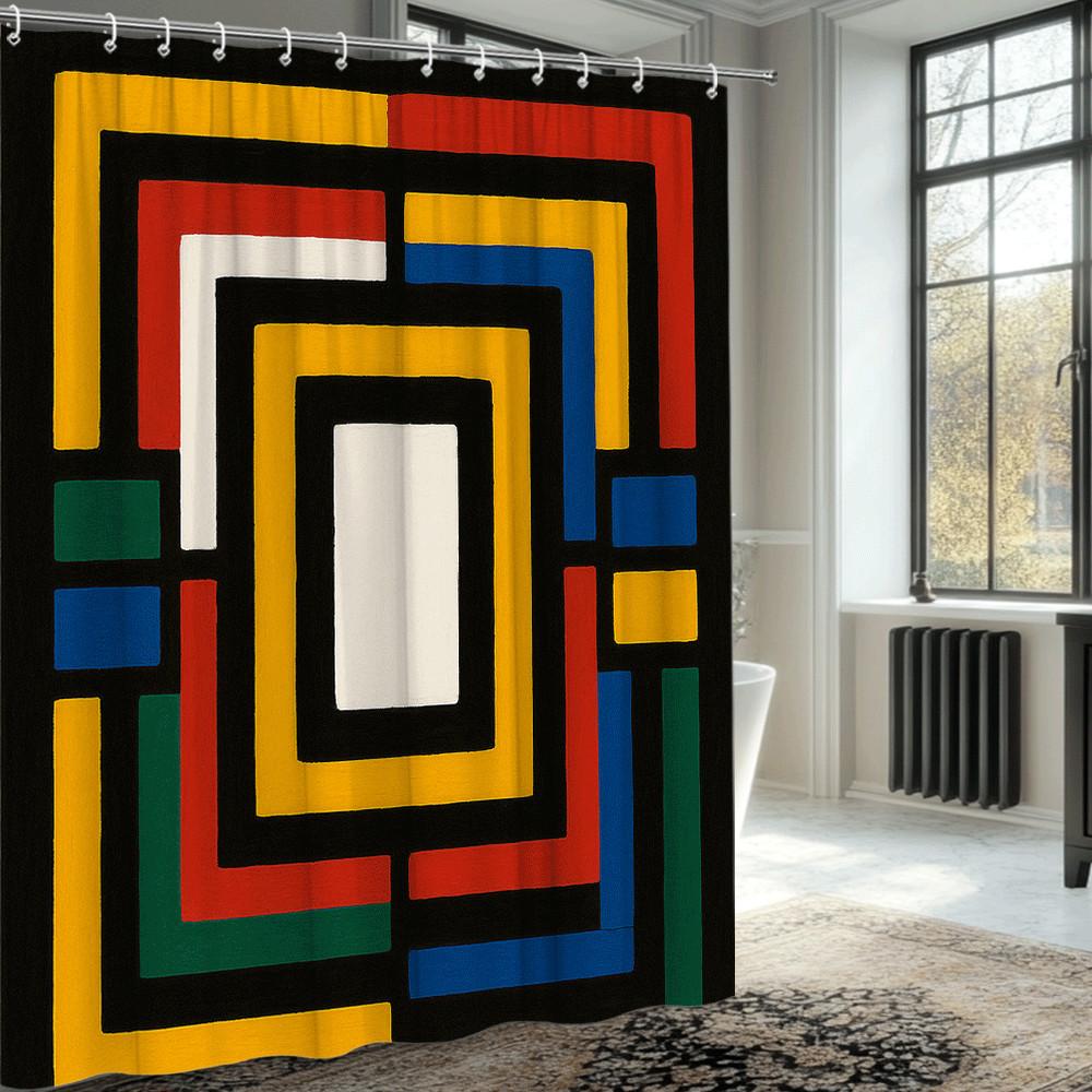 Colorful Geometric Squares Shower Curtain Machine Washable All Season Waterproof Privacy Protection Abstract Art Design Modern