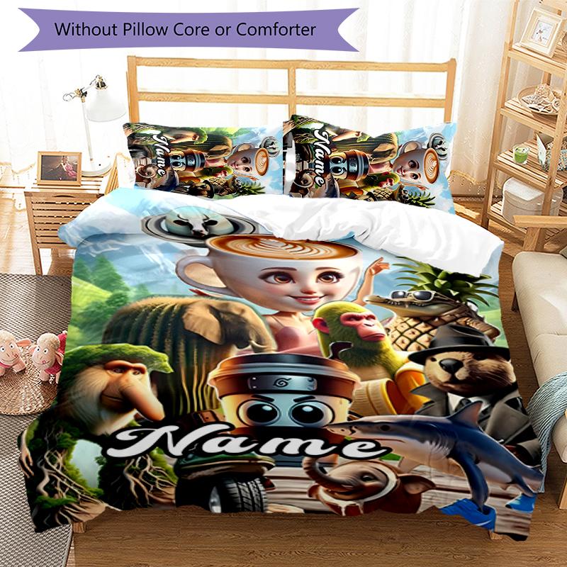 3pcs Custom Name Cartoon Italian Brainrot Animal Bedding Set Duvet Cover Closure Includes 1 Duvet Cover & 2 Pillowcases for All Seasons Bedroom Decor