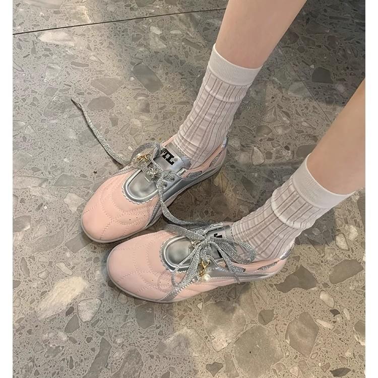 Grape Mother Same Pearl Lace-up Round Head Color Matching Casual Shoes Forrest Gump Board Shoes Femininity Versatile Soft-soled German Training Shoes