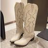 Fashion 2025 Big Size 42 Retro Maillard Style Brown Cowboy Boots Women Punk Rivets Chunky Heels Knee High Western Motorcycle Boots Shoes