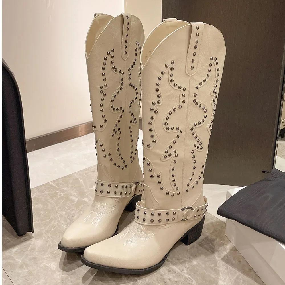 Fashion 2025 Big Size 42 Retro Maillard Style Brown Cowboy Boots Women Punk Rivets Chunky Heels Knee High Western Motorcycle Boots Shoes