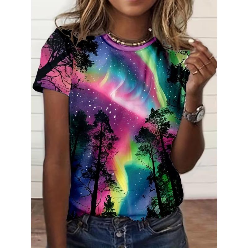 

Ladies Aurora Forest Printed T-shirt with Vibrant Aurora Design Breathable Short Sleeve Round Neck Casual Summer Top 3D Digital L