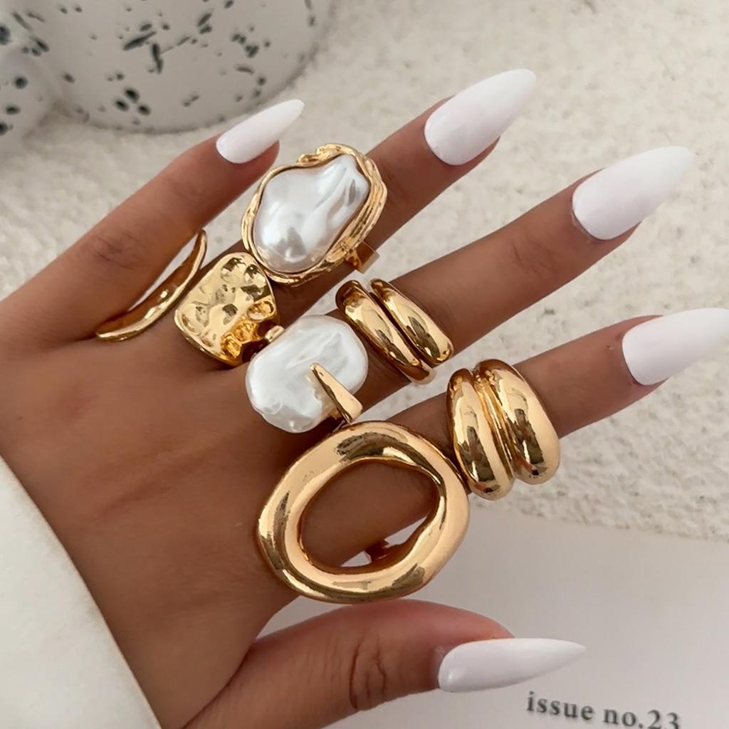 Ingemark 6Pcs/Set Boho Imitation Pearls Metal Ring Women Trendy Punk Irregular Geometry Hollow Wide Knuckle Ring Set New Jewelry