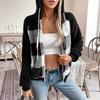 Women's Fashion Plaid Loose Casual Long Sleeve Hooded Fleece Cardigan Zipper Jacket